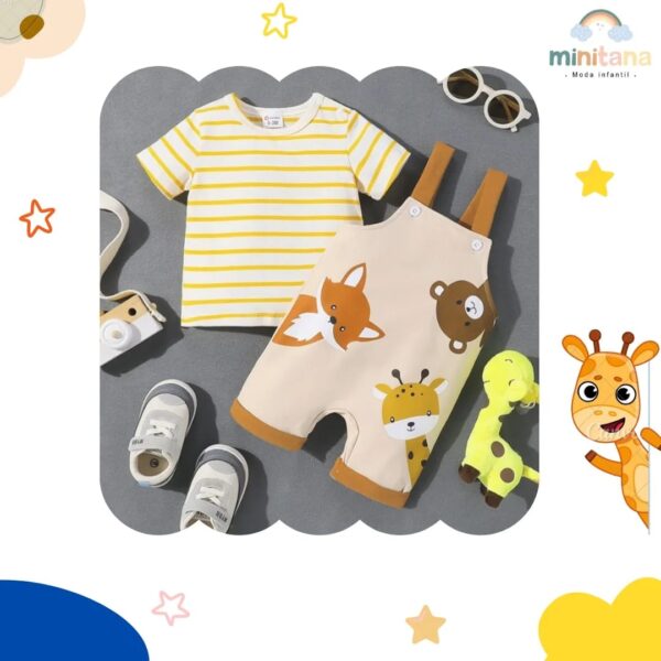 Conjunto 2 piezas Polo Manga Larga Amarillo y Overol de Animales