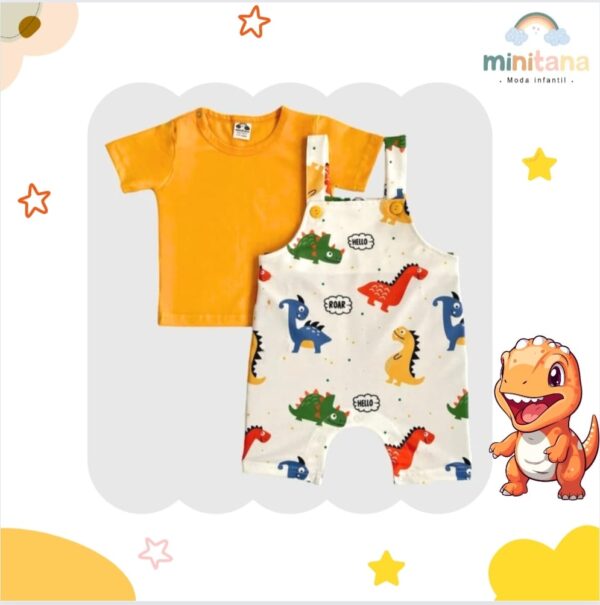 Conjunto polo manga corta y overol blanco diseño de dinosaurio.