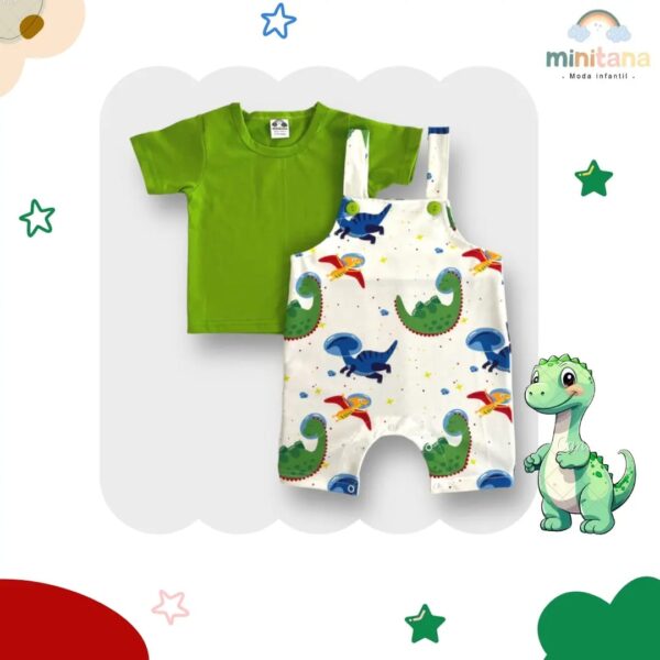 Conjunto de 2 piezas Polo Manga corta verde  y Overol con diseño de Dinosaurios Astronautas