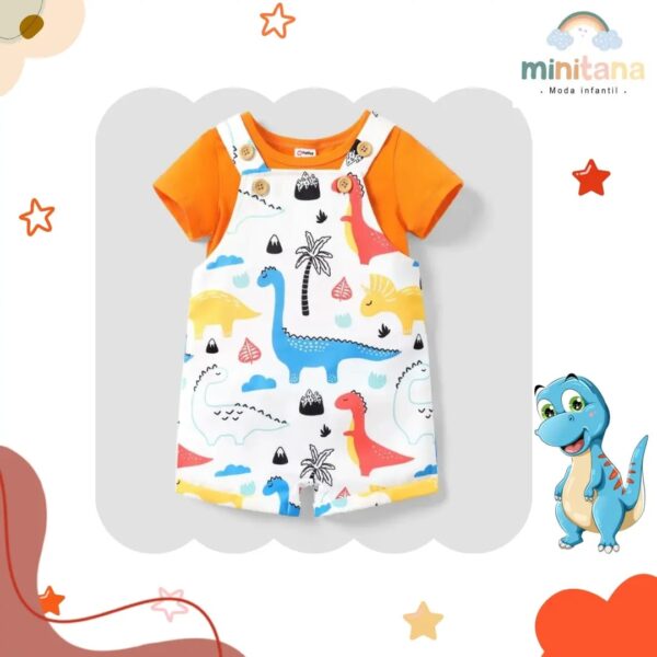 Conjunto de 2 piezas Polo Manga corta Naranja  y Overol con diseño de Dinosaurios