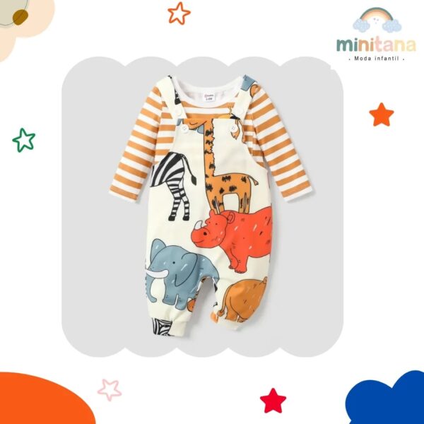 Conjunto de 2 piezas Polo Manga Larga y Overol Jean diseño de Animalitos