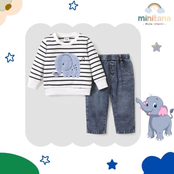 Conjunto de 2 piezas Polera a rayas con diseño de Elefante y Pantalón Jean