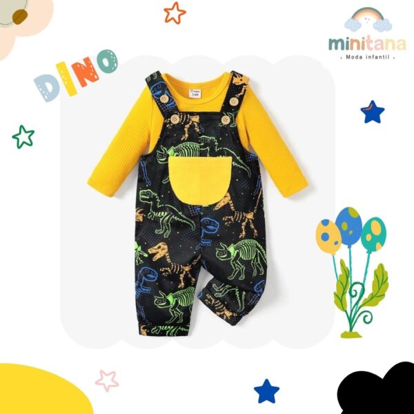 Conjunto de 2 piezas Polera color Mostaza y Overol Negro con diseño de Dinosaurio